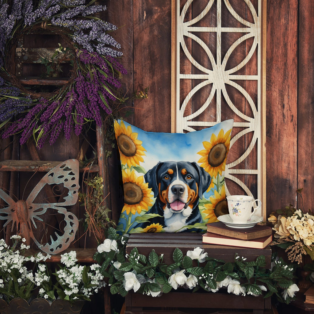 Greater Swiss Mountain Dog in Sunflowers Decorative Throw Pillow 14x14 Indoor Outdoor Accent Cushion, Fabric Cover with Insert for Sofa, Bed, Porch & Living Room