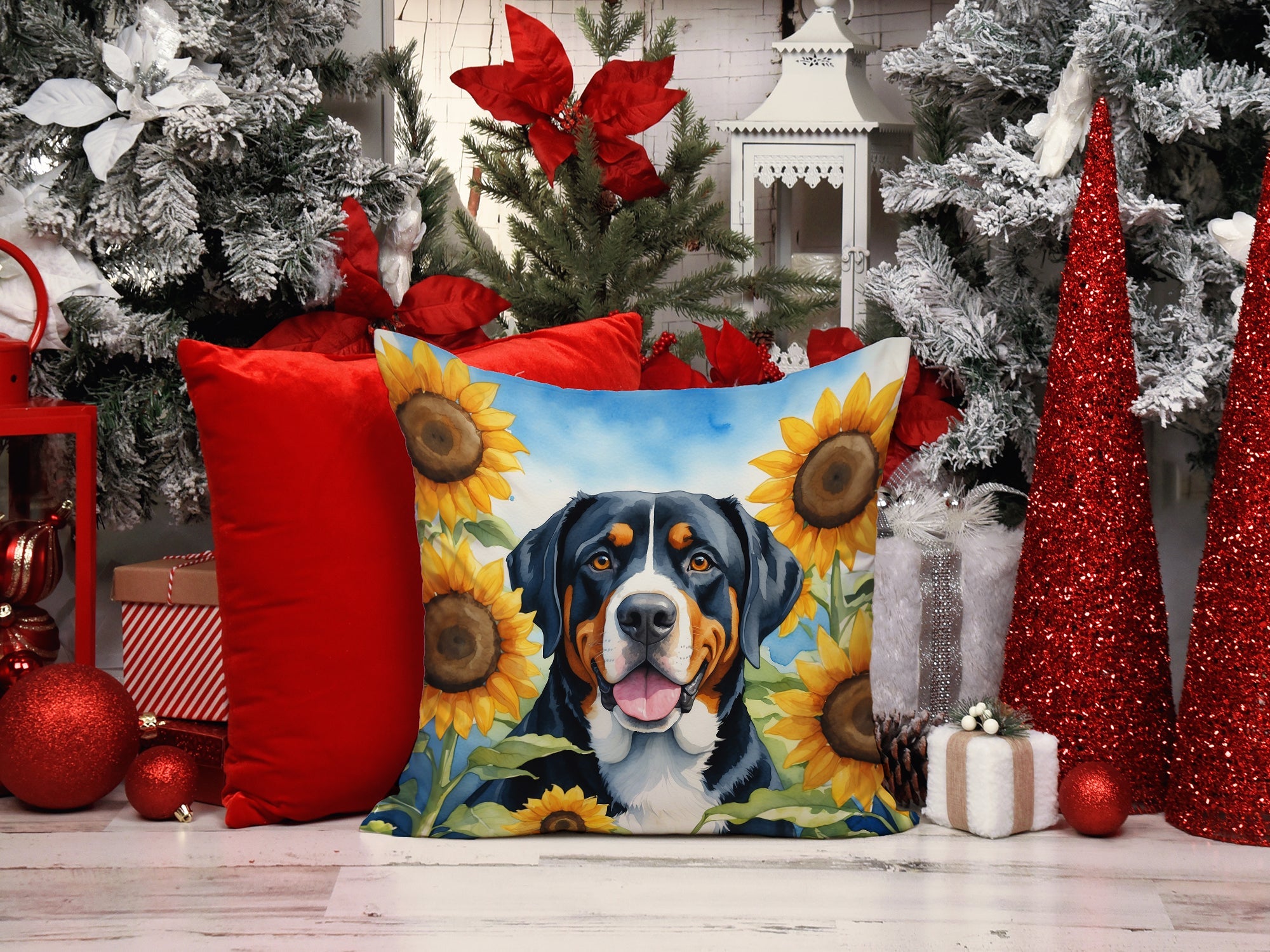 Greater Swiss Mountain Dog in Sunflowers Decorative Throw Pillow 14x14 Indoor Outdoor Accent Cushion, Fabric Cover with Insert for Sofa, Bed, Porch & Living Room