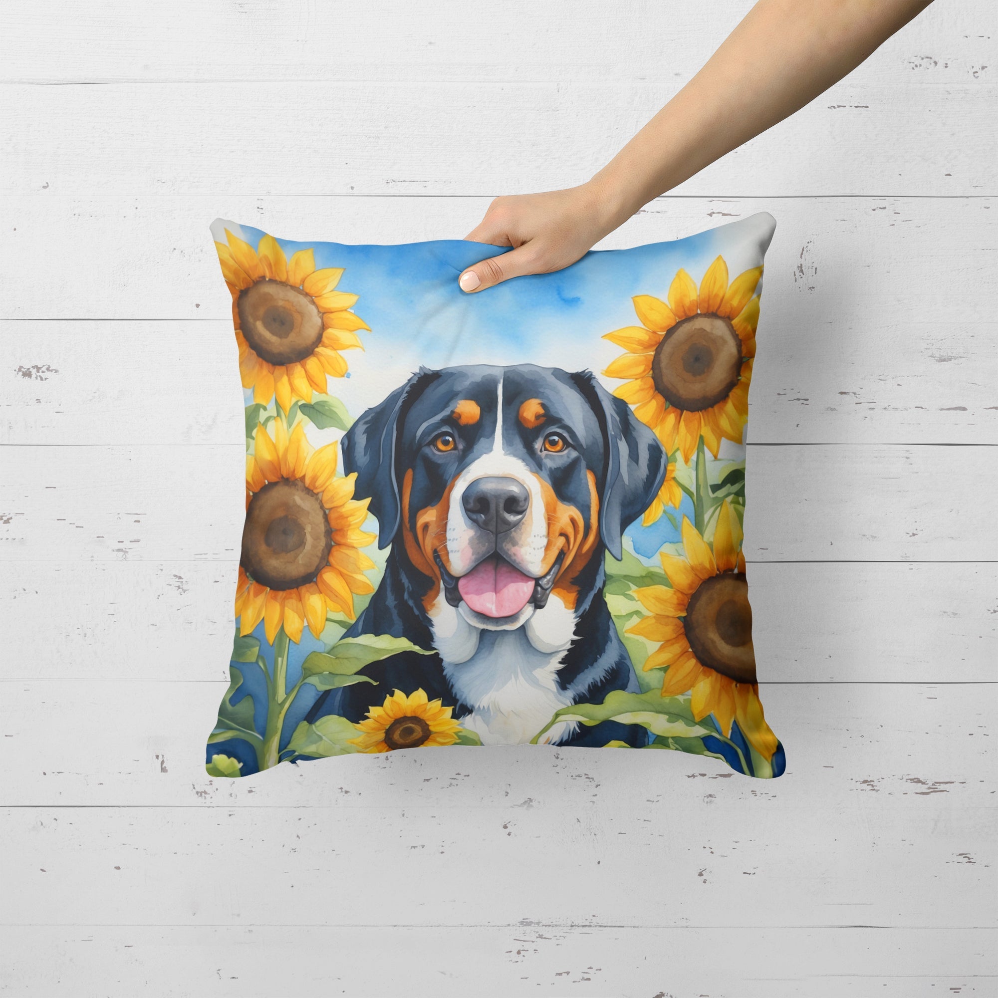 Greater Swiss Mountain Dog in Sunflowers Decorative Throw Pillow 18x18 Indoor Outdoor Accent Cushion, Fabric Cover with Insert for Sofa, Bed, Porch & Living Room