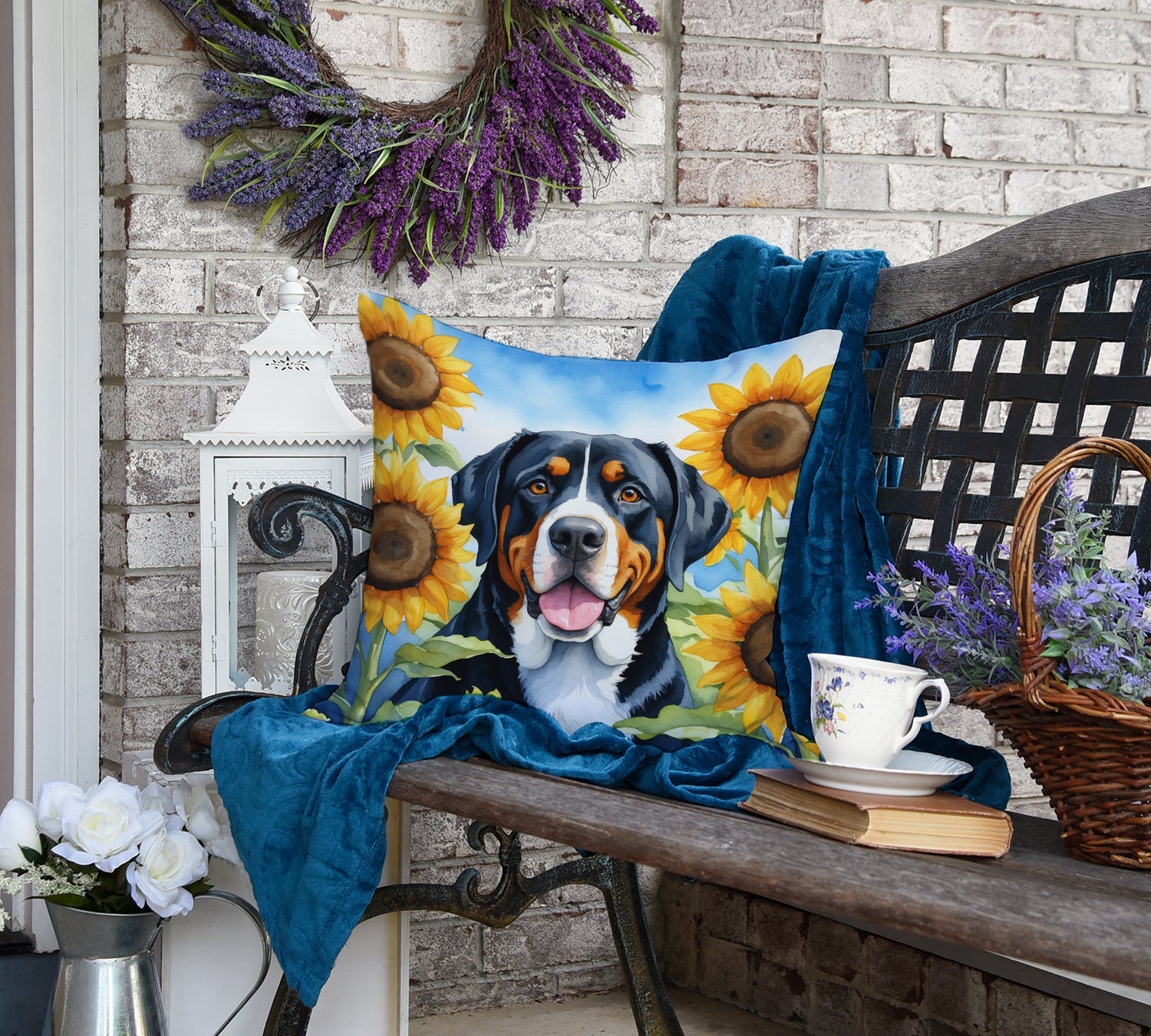 Greater Swiss Mountain Dog in Sunflowers Decorative Throw Pillow 18x18 Indoor Outdoor Accent Cushion, Fabric Cover with Insert for Sofa, Bed, Porch & Living Room