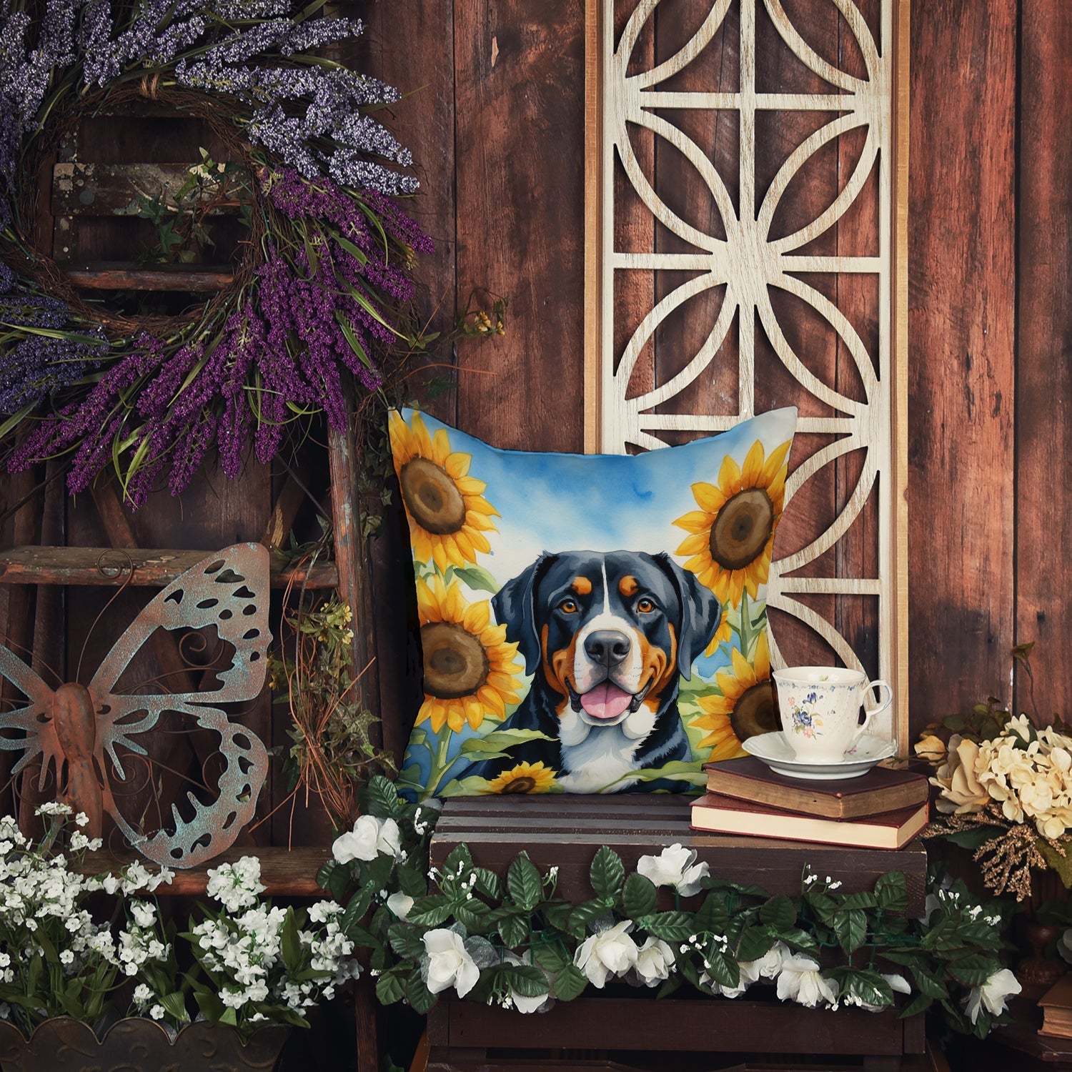 Greater Swiss Mountain Dog in Sunflowers Decorative Throw Pillow 18x18 Indoor Outdoor Accent Cushion, Fabric Cover with Insert for Sofa, Bed, Porch & Living Room