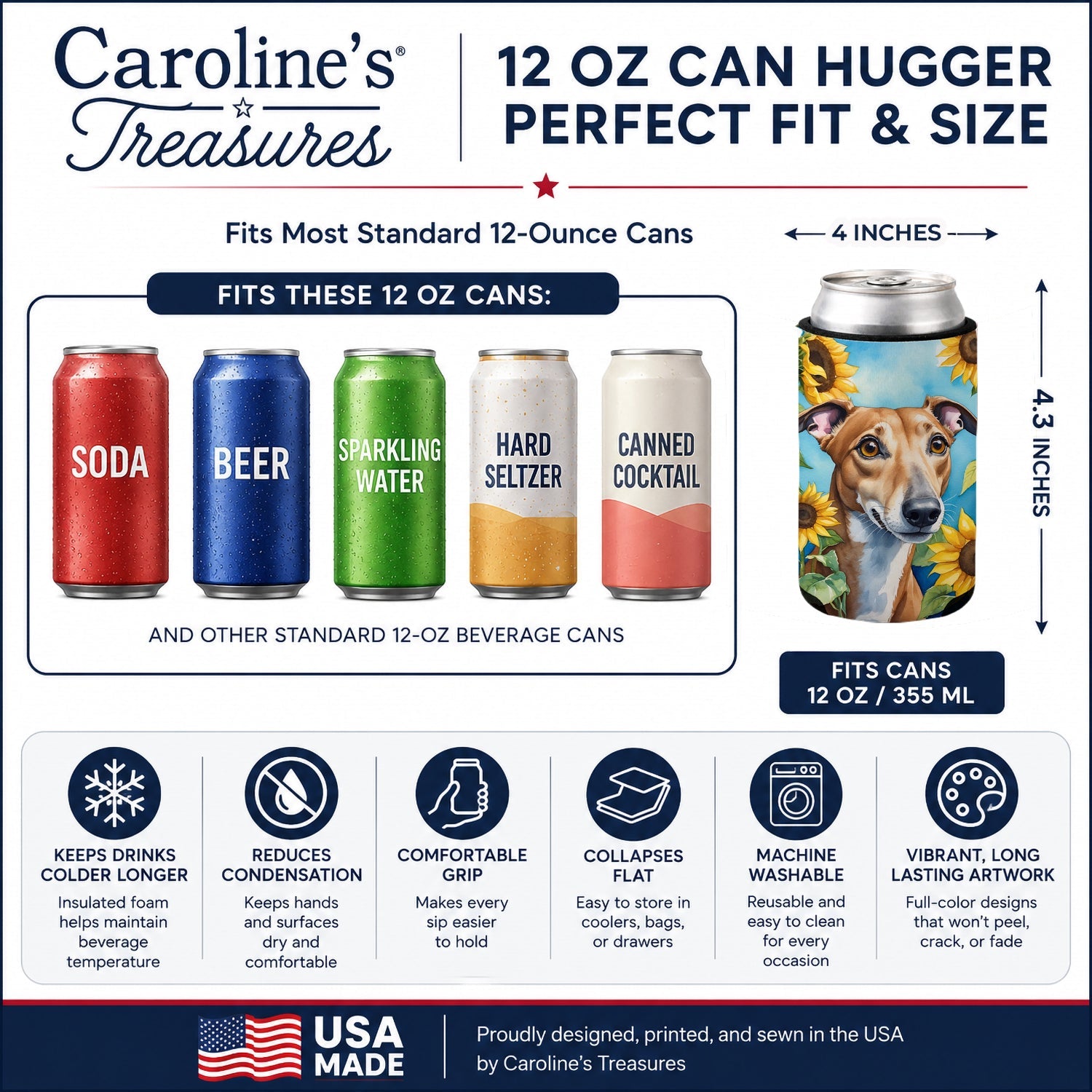 Greyhound in Sunflowers Can or Bottle Hugger Cooler Sleeve for Standard 12 oz Cans, Insulated Foam Beer & Soda Can Hugger Reusable