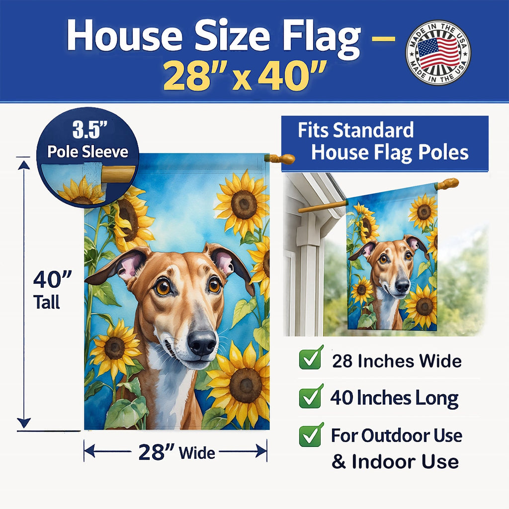 Greyhound in Sunflowers House Flag 28x40 Porch Sleeve Pole Decorative Outside Yard Banner Artwork Wall Hanging, Polyester