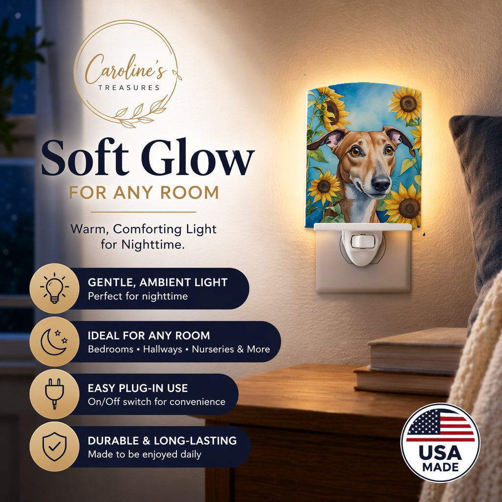 Greyhound in Sunflowers Ceramic Night Light Compact, UL-Certified, Ideal for Bedroom, Bathroom, Nursery, Hallway, Kitchen, 6x4x3, Multicolor