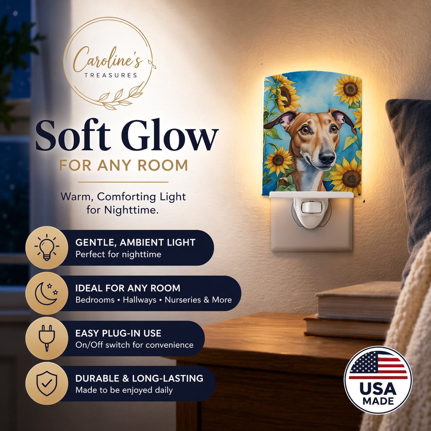 Greyhound in Sunflowers Ceramic Night Light Compact, UL-Certified, Ideal for Bedroom, Bathroom, Nursery, Hallway, Kitchen, 6x4x3, Multicolor