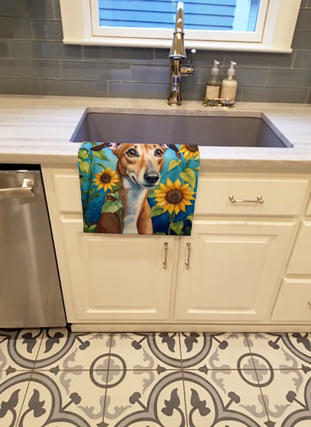 Greyhound in Sunflowers Kitchen Towel Velour Plush Front and Cotton Loop Back Machine Washable