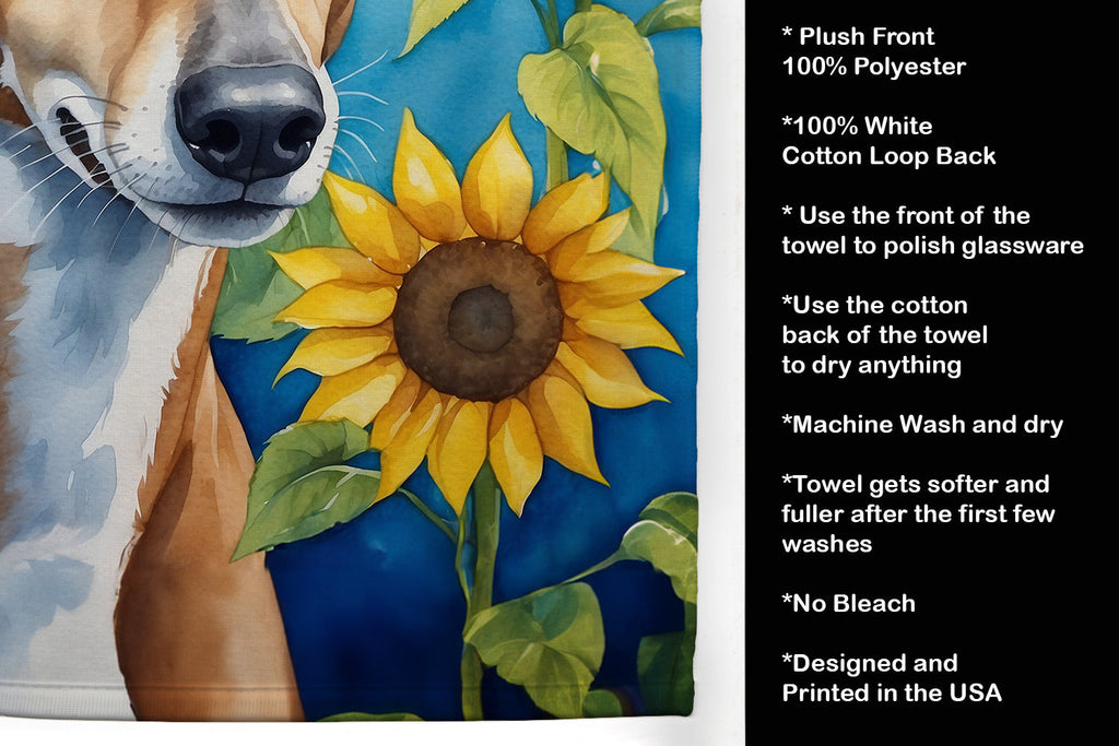 Greyhound in Sunflowers Kitchen Towel Velour Plush Front and Cotton Loop Back Machine Washable