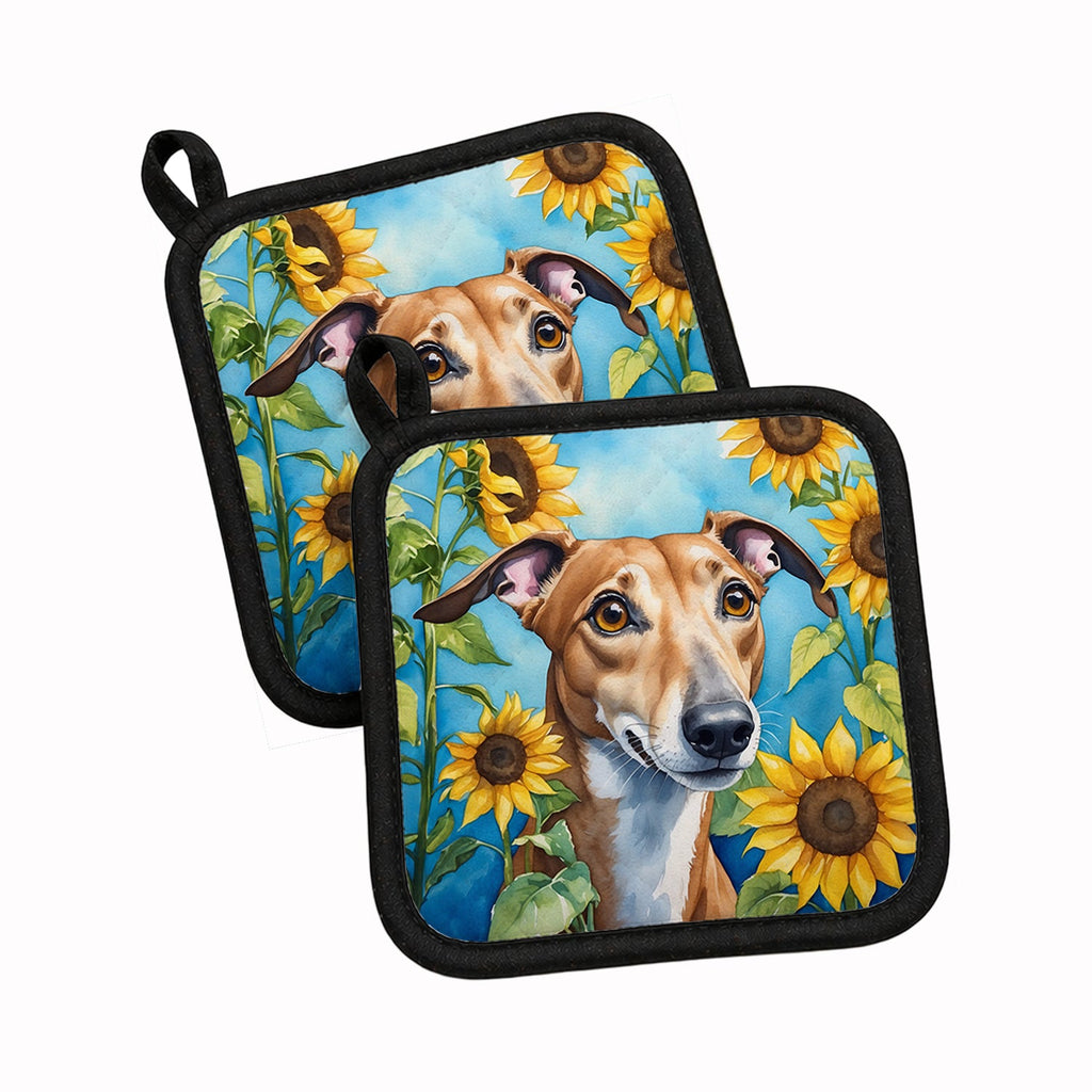 Greyhound in Sunflowers Pot Holder Set of 2 Heat Resistant Quilted Hot Pads 7.5 x 7.5 Inch, Insulated Kitchen Trivets for Cooking & Baking