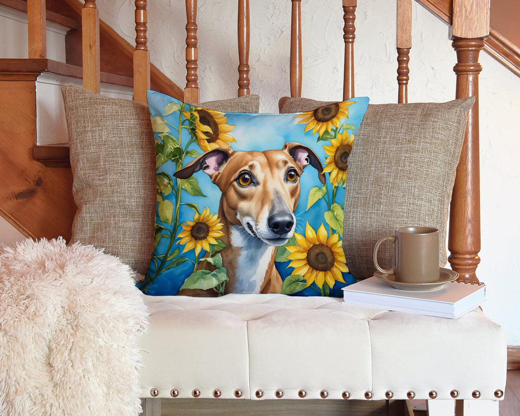 Greyhound in Sunflowers Decorative Throw Pillow 14x14 Indoor Outdoor Accent Cushion, Fabric Cover with Insert for Sofa, Bed, Porch & Living Room