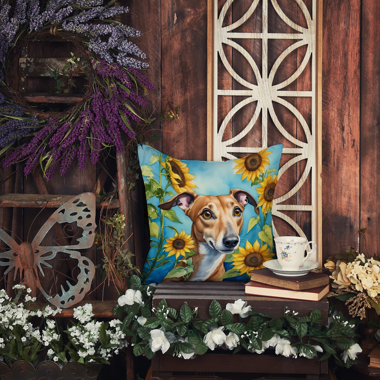 Greyhound in Sunflowers Decorative Throw Pillow 14x14 Indoor Outdoor Accent Cushion, Fabric Cover with Insert for Sofa, Bed, Porch & Living Room