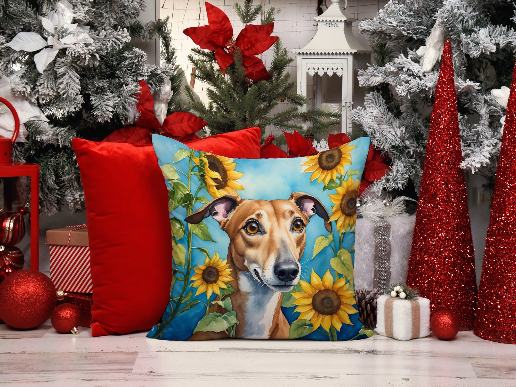 Greyhound in Sunflowers Decorative Throw Pillow 14x14 Indoor Outdoor Accent Cushion, Fabric Cover with Insert for Sofa, Bed, Porch & Living Room