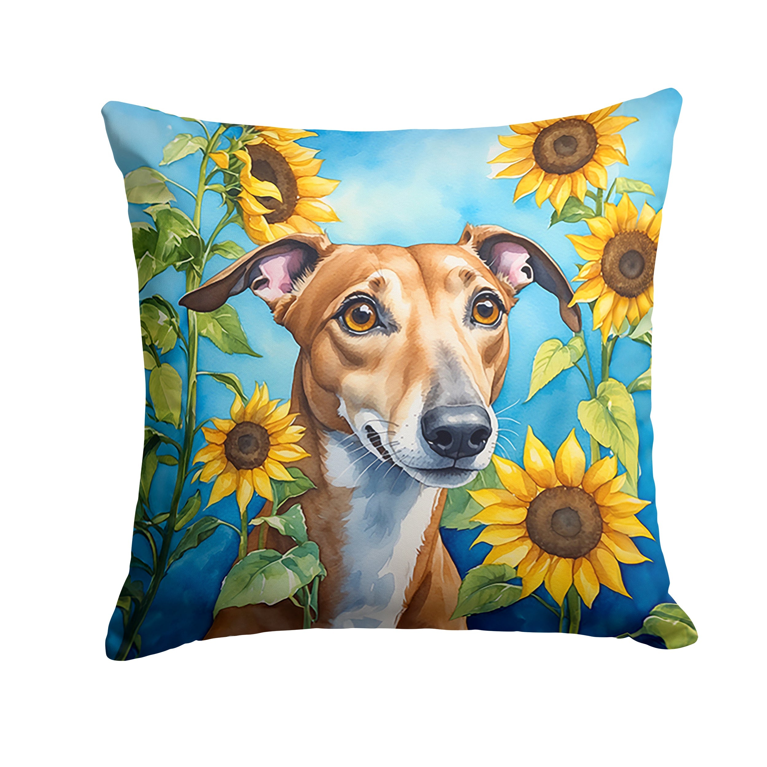 Greyhound in Sunflowers Decorative Throw Pillow 18x18 Indoor Outdoor Accent Cushion, Fabric Cover with Insert for Sofa, Bed, Porch & Living Room