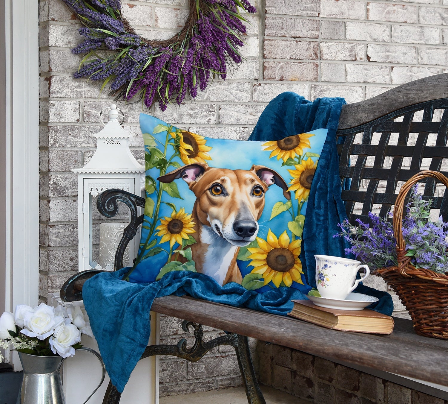 Greyhound in Sunflowers Decorative Throw Pillow 18x18 Indoor Outdoor Accent Cushion, Fabric Cover with Insert for Sofa, Bed, Porch & Living Room