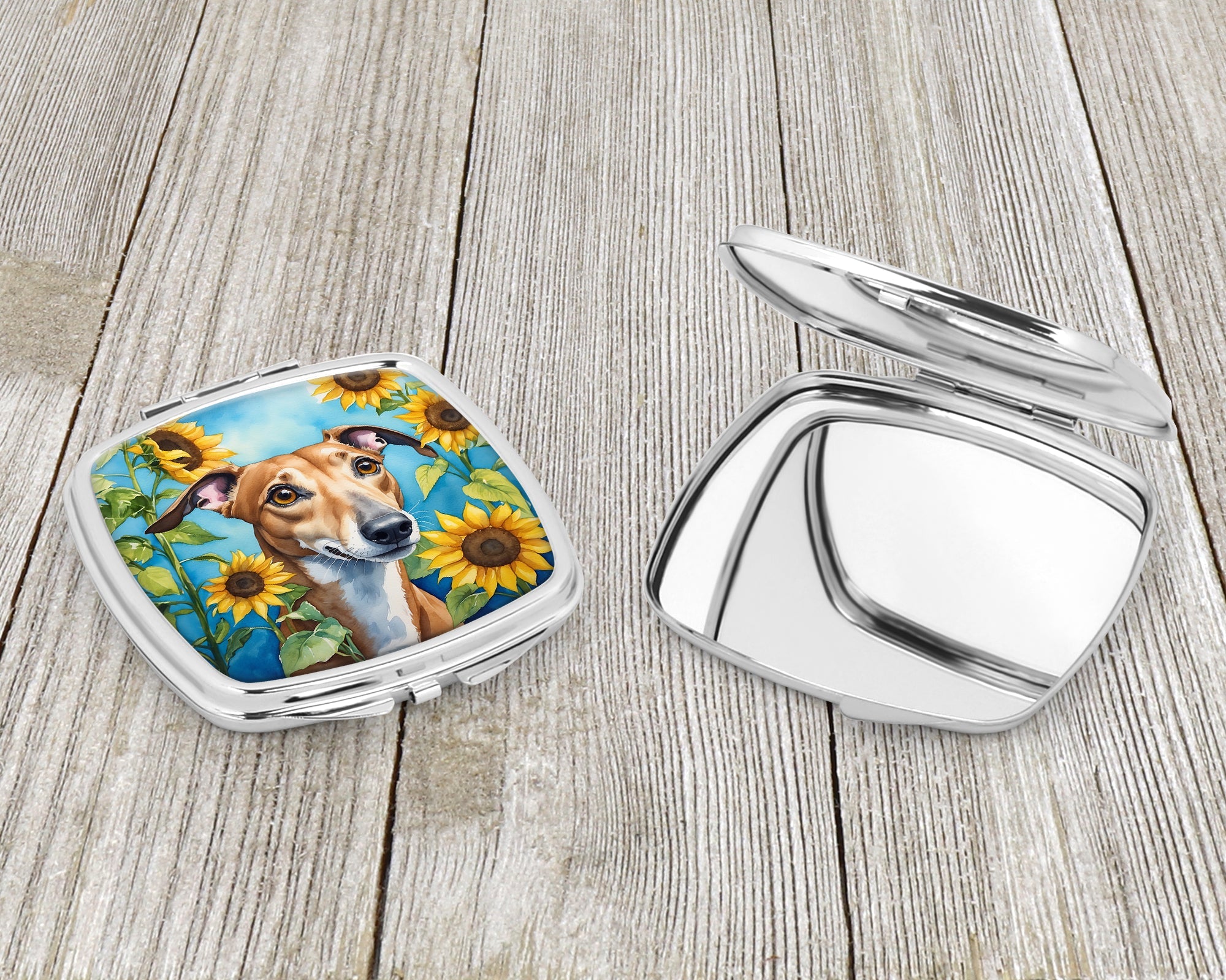 Greyhound in Sunflowers Compact Mirror Decorative Travel Makeup Mirror for Women Girls Gifts Pocket Makeup Mirror Folding Handheld