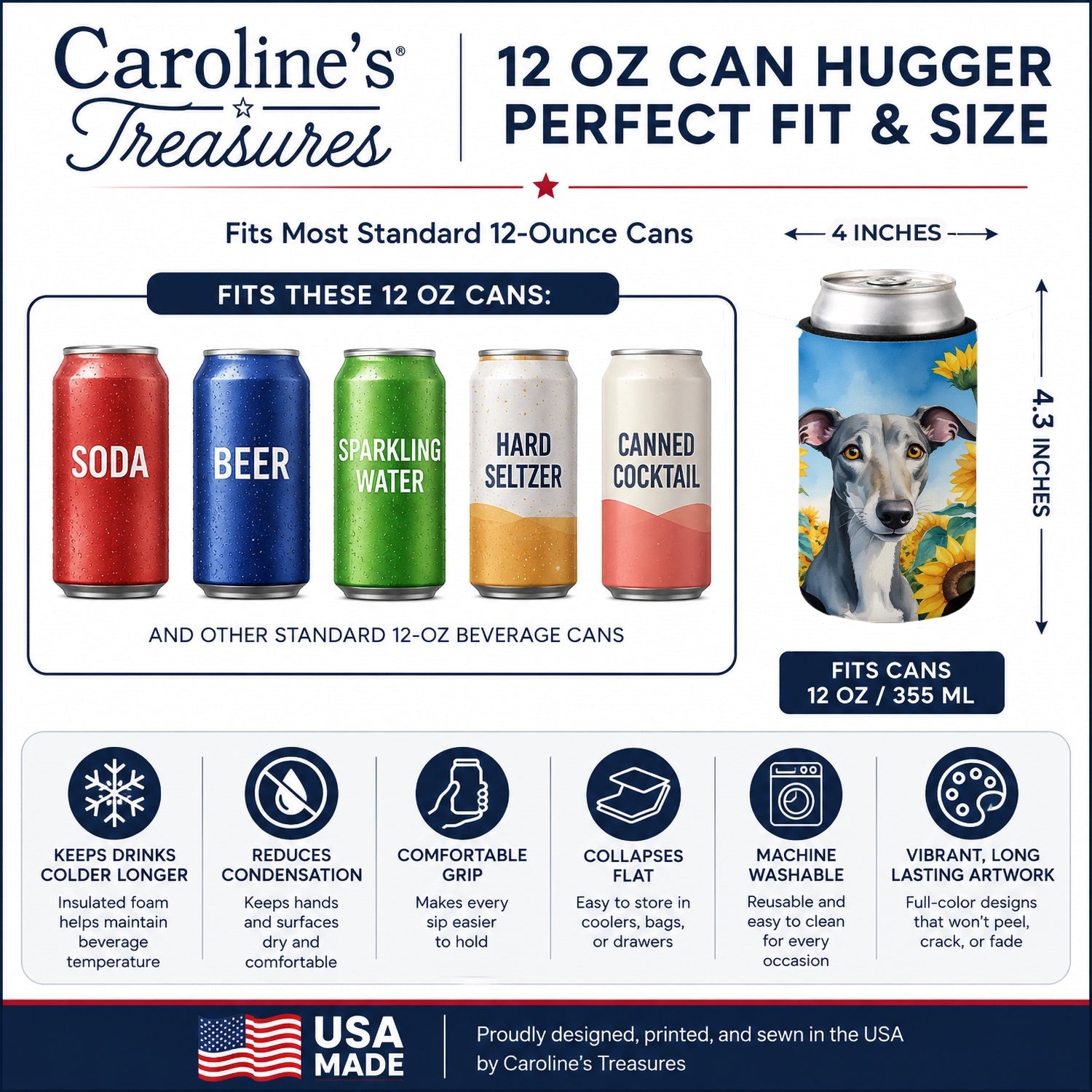 Greyhound in Sunflowers Can or Bottle Hugger Cooler Sleeve for Standard 12 oz Cans, Insulated Foam Beer & Soda Can Hugger Reusable