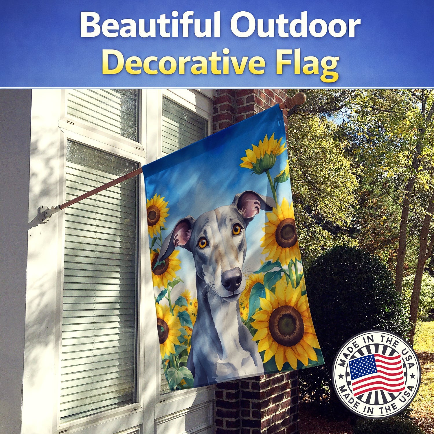 Greyhound in Sunflowers House Flag 28x40 Porch Sleeve Pole Decorative Outside Yard Banner Artwork Wall Hanging, Polyester