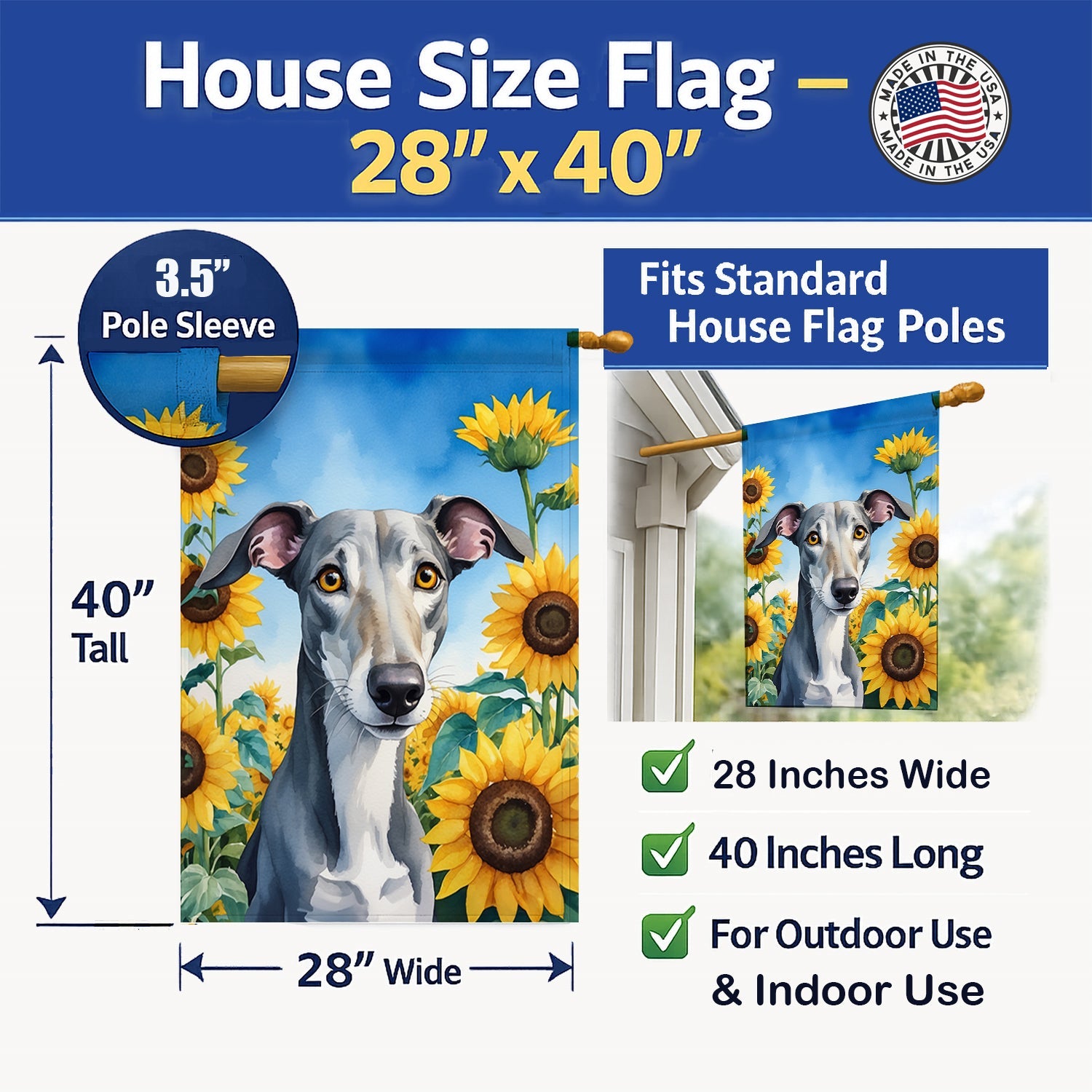 Greyhound in Sunflowers House Flag 28x40 Porch Sleeve Pole Decorative Outside Yard Banner Artwork Wall Hanging, Polyester
