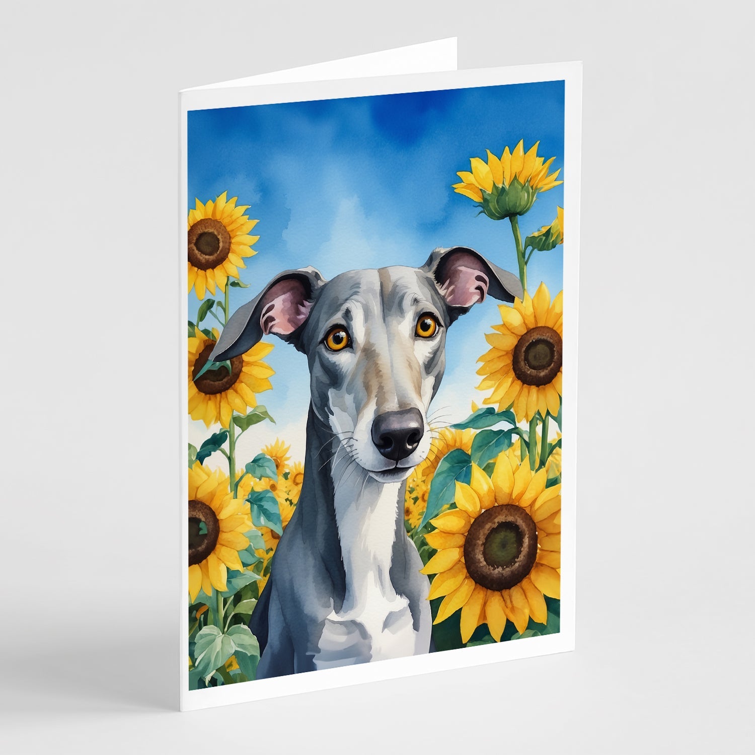 Greyhound in Sunflowers Greeting Cards Pack of 8 Blank Cards with Envelopes Whimsical A7 Size 5x7