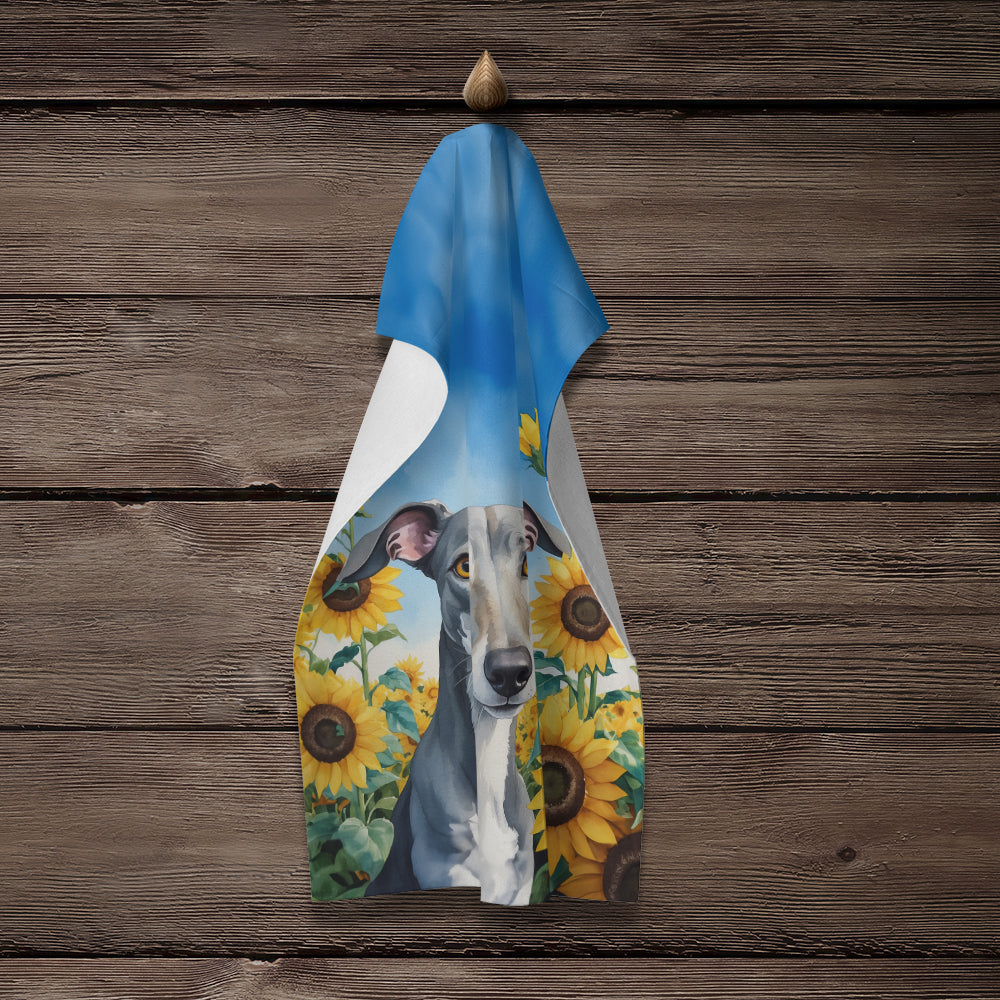 Greyhound in Sunflowers Kitchen Towel Velour Plush Front and Cotton Loop Back Machine Washable