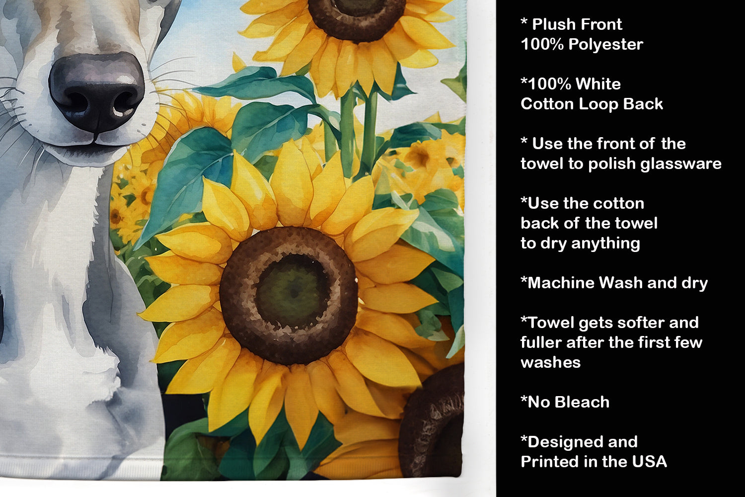 Greyhound in Sunflowers Kitchen Towel Velour Plush Front and Cotton Loop Back Machine Washable