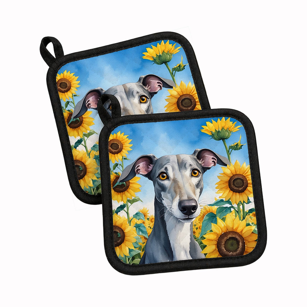 Greyhound in Sunflowers Pot Holder Set of 2 Heat Resistant Quilted Hot Pads 7.5 x 7.5 Inch, Insulated Kitchen Trivets for Cooking & Baking