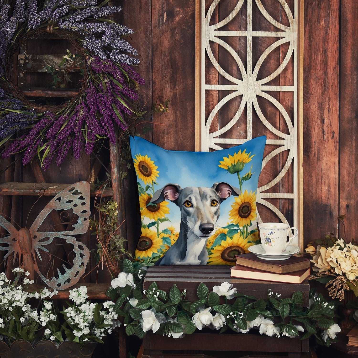 Greyhound in Sunflowers Decorative Throw Pillow 14x14 Indoor Outdoor Accent Cushion, Fabric Cover with Insert for Sofa, Bed, Porch & Living Room
