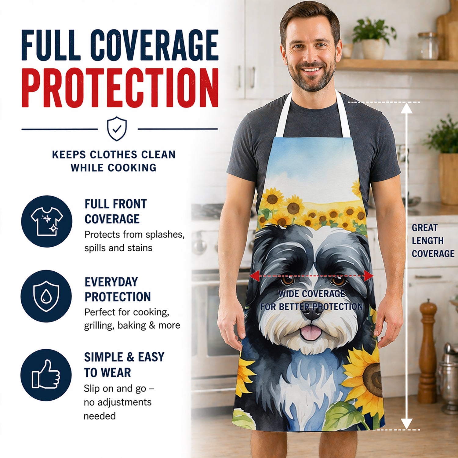 Havanese in Sunflowers Apron Cooking Kitchen Server Baking Crafts Gardening for Adult Women Men, Unisex, Large, Multicolor