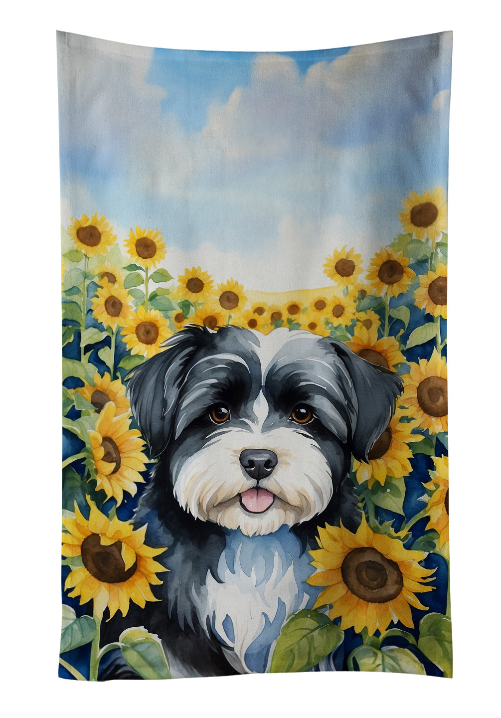 Havanese in Sunflowers Kitchen Towel Velour Plush Front and Cotton Loop Back Machine Washable