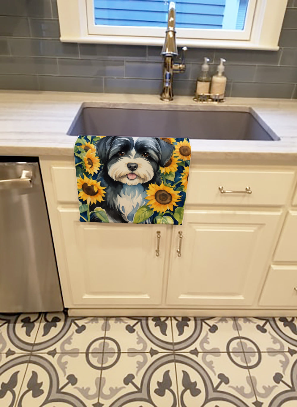 Havanese in Sunflowers Kitchen Towel Velour Plush Front and Cotton Loop Back Machine Washable