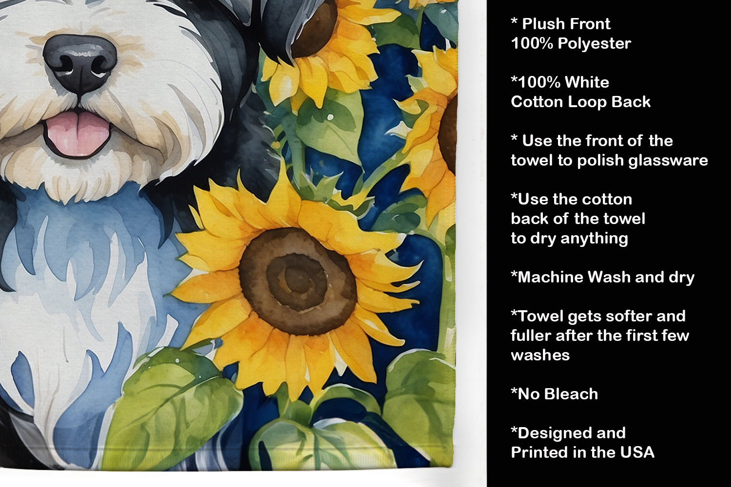 Havanese in Sunflowers Kitchen Towel Velour Plush Front and Cotton Loop Back Machine Washable