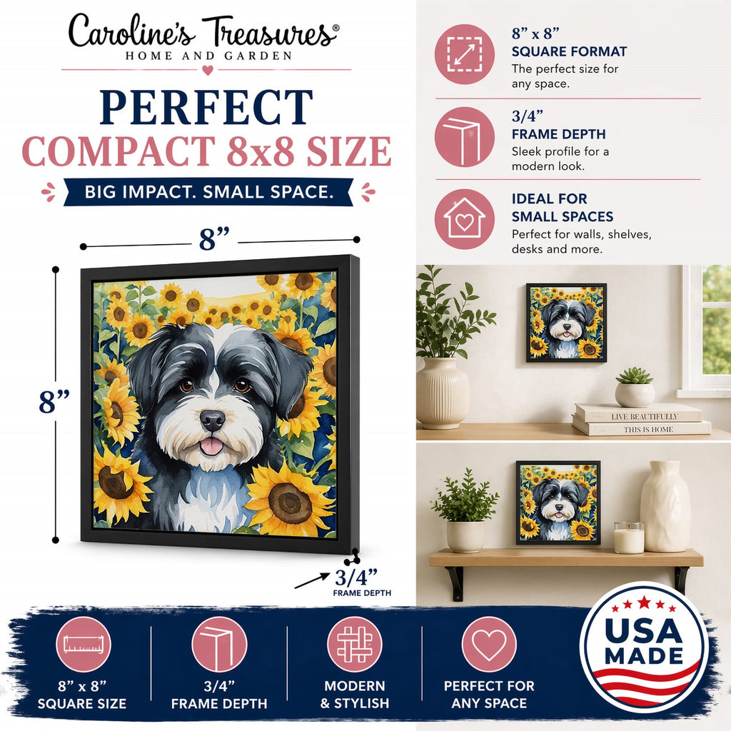 Havanese in Sunflowers Framed Metal Print Bathroom, Kitchen, Office, Home Decor Wall Art Ready to Hang, Square, 8X8