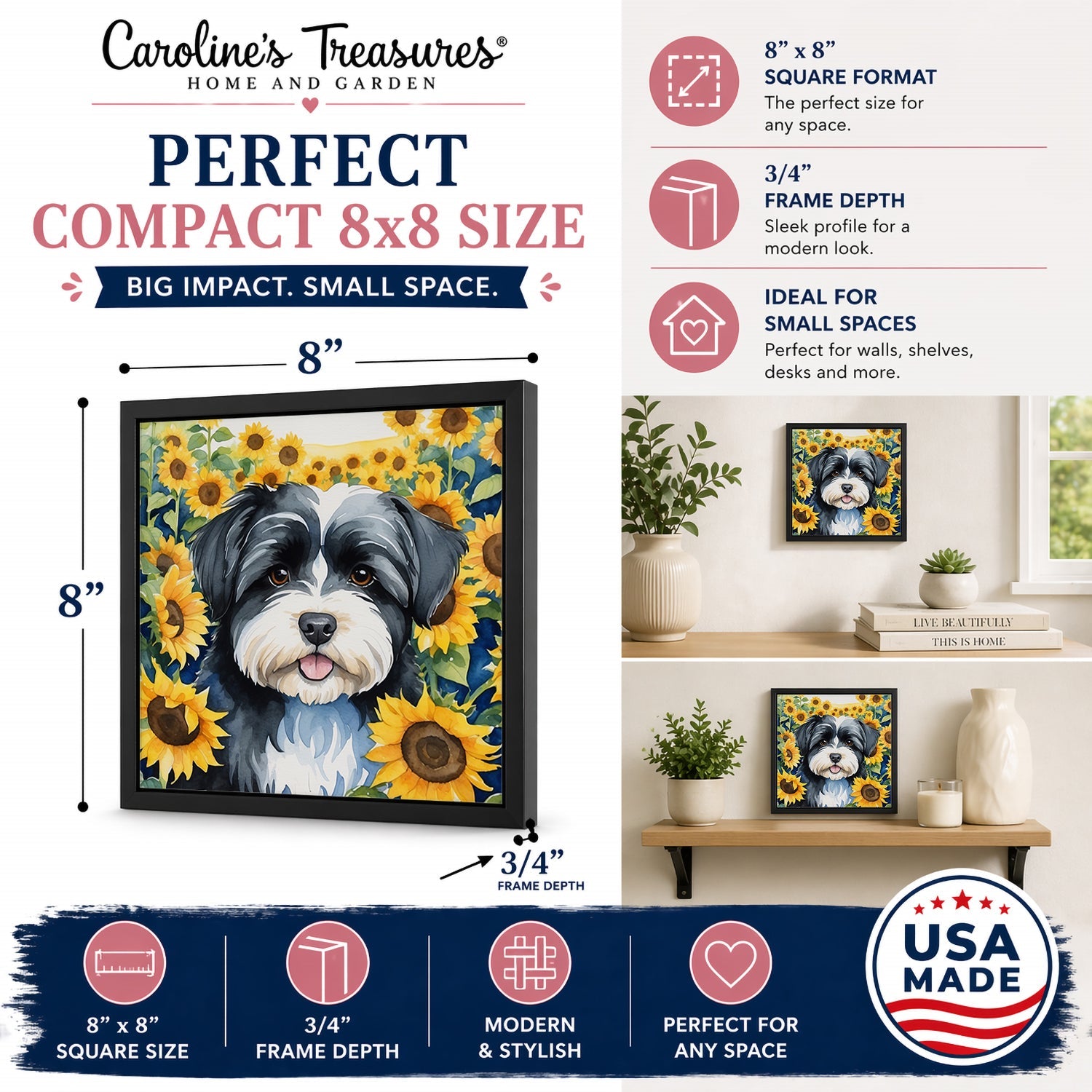 Havanese in Sunflowers Framed Metal Print Bathroom, Kitchen, Office, Home Decor Wall Art Ready to Hang, Square, 8X8