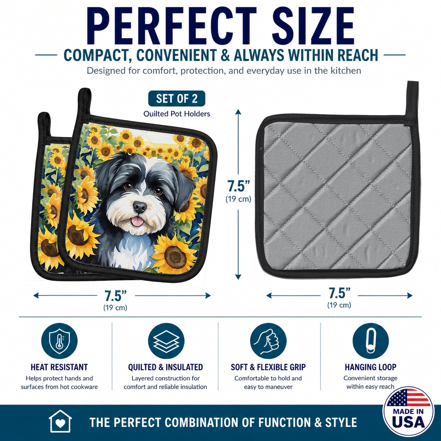 Havanese in Sunflowers Pot Holder Set of 2 Heat Resistant Quilted Hot Pads 7.5 x 7.5 Inch, Insulated Kitchen Trivets for Cooking & Baking