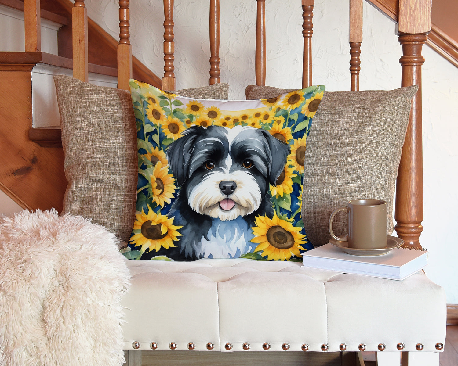Havanese in Sunflowers Decorative Throw Pillow 14x14 Indoor Outdoor Accent Cushion, Fabric Cover with Insert for Sofa, Bed, Porch & Living Room