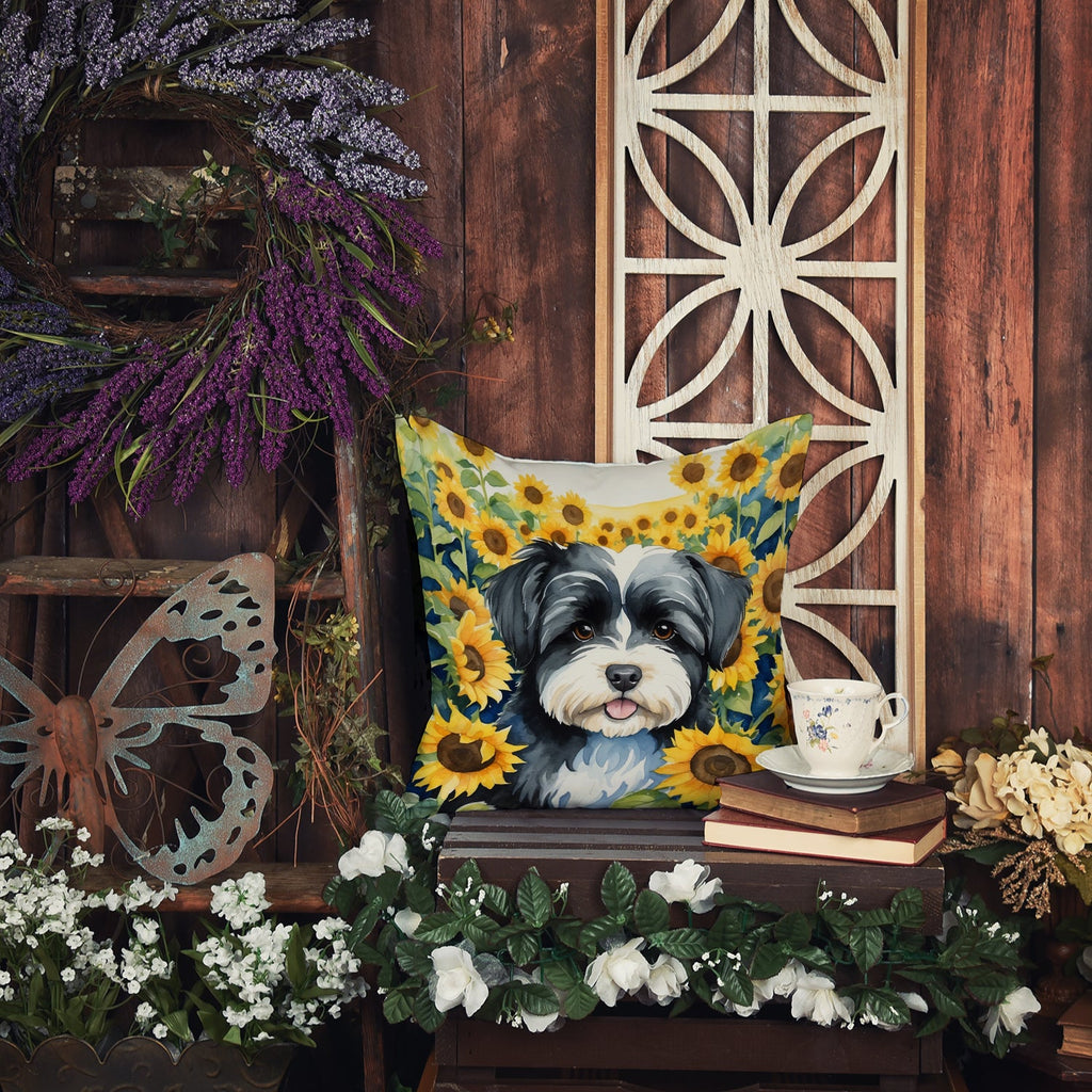 Havanese in Sunflowers Decorative Throw Pillow 14x14 Indoor Outdoor Accent Cushion, Fabric Cover with Insert for Sofa, Bed, Porch & Living Room