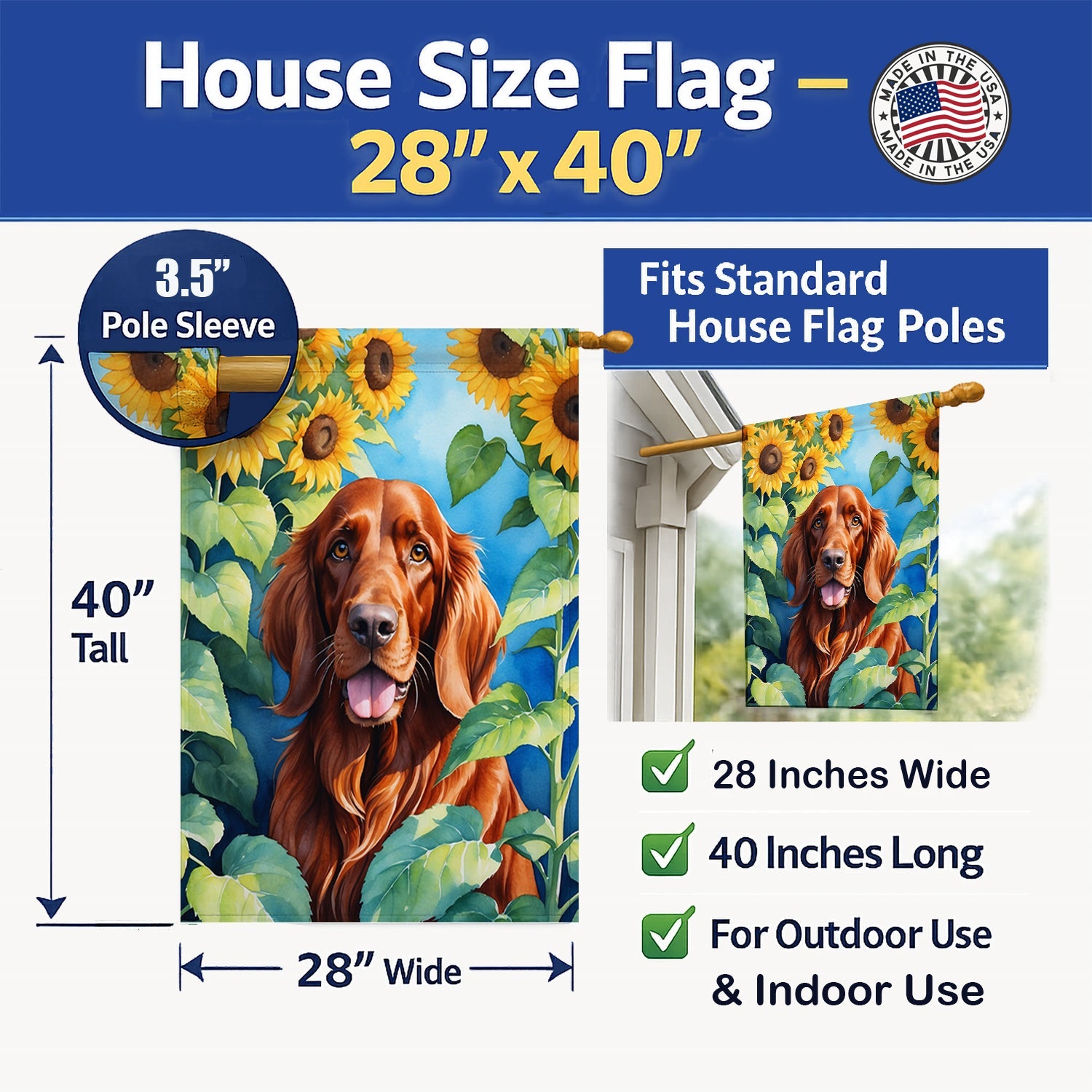 Irish Setter in Sunflowers House Flag 28x40 Porch Sleeve Pole Decorative Outside Yard Banner Artwork Wall Hanging, Polyester
