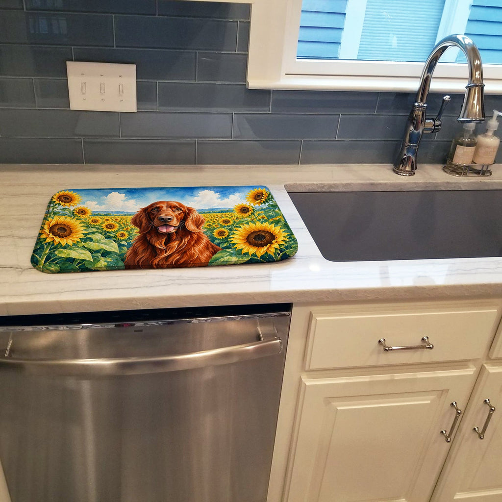Irish Setter in Sunflowers Dish Drying Mat Absorbent Dish Drying Mat Pad for Kitchen Counter Dish Drainer Mat for Countertop, 14 x 21", Multicolor