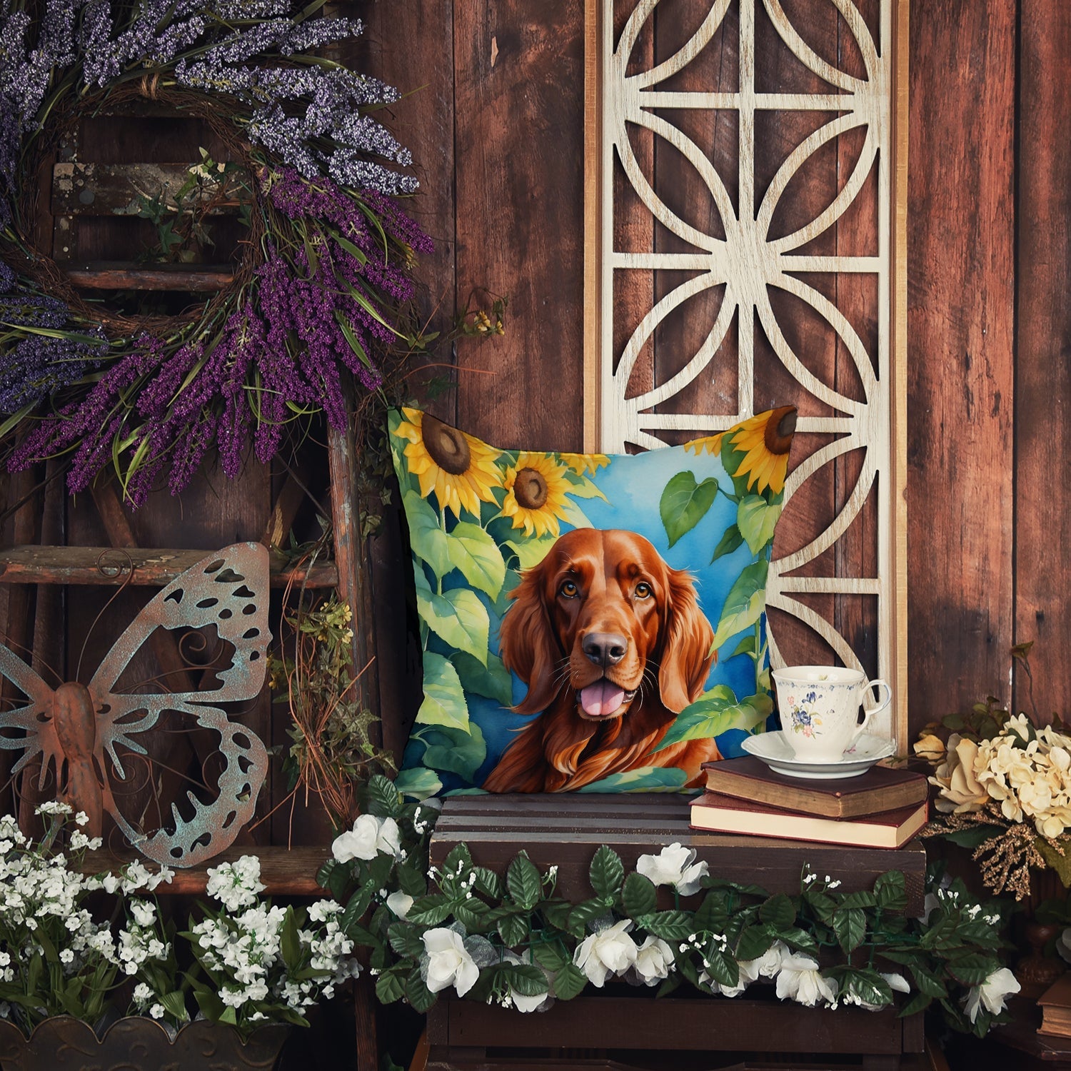 Irish Setter in Sunflowers Decorative Throw Pillow 14x14 Indoor Outdoor Accent Cushion, Fabric Cover with Insert for Sofa, Bed, Porch & Living Room