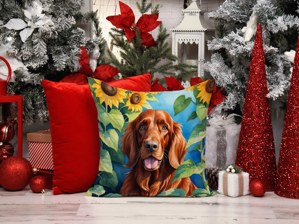 Irish Setter in Sunflowers Decorative Throw Pillow 14x14 Indoor Outdoor Accent Cushion, Fabric Cover with Insert for Sofa, Bed, Porch & Living Room