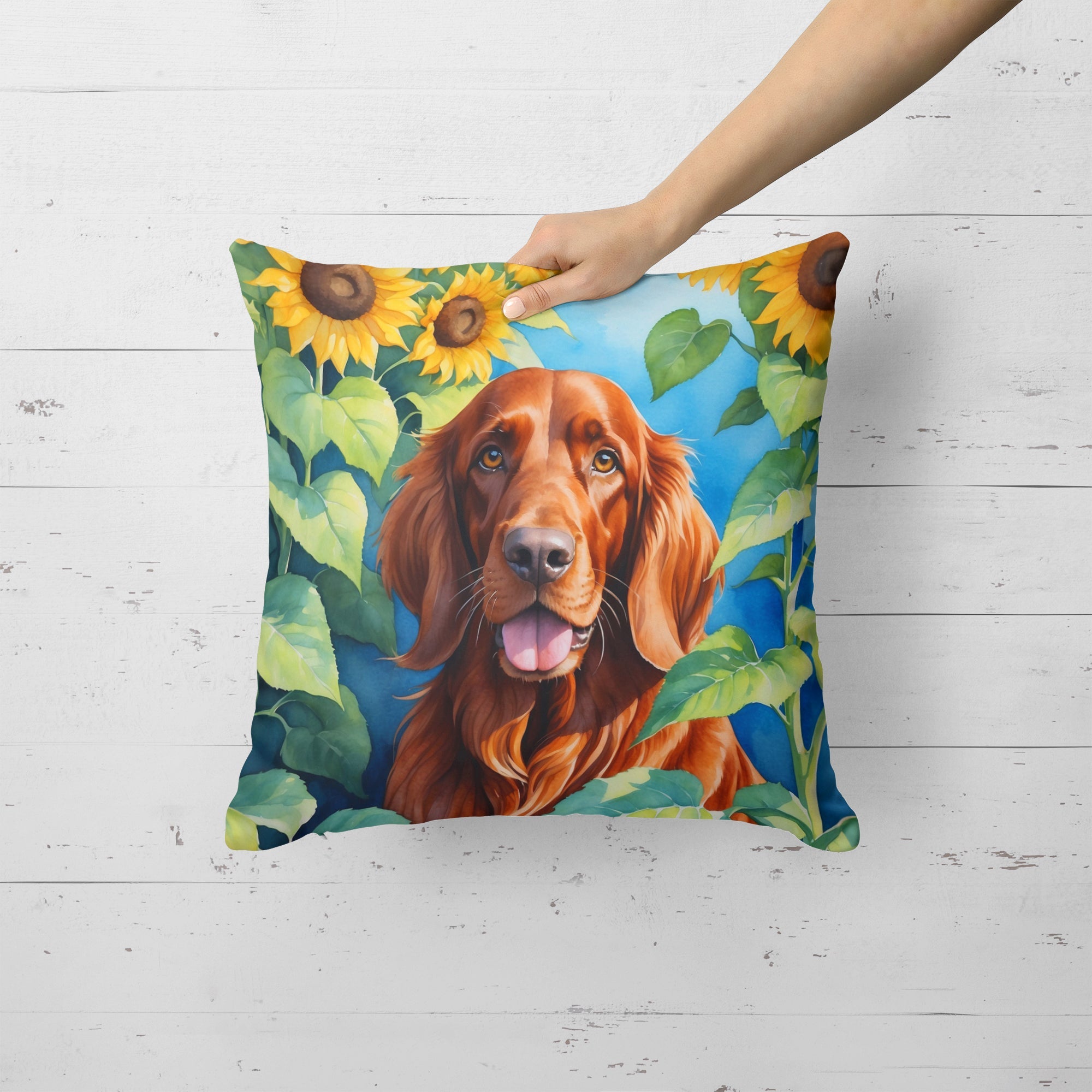 Irish Setter in Sunflowers Decorative Throw Pillow 18x18 Indoor Outdoor Accent Cushion, Fabric Cover with Insert for Sofa, Bed, Porch & Living Room
