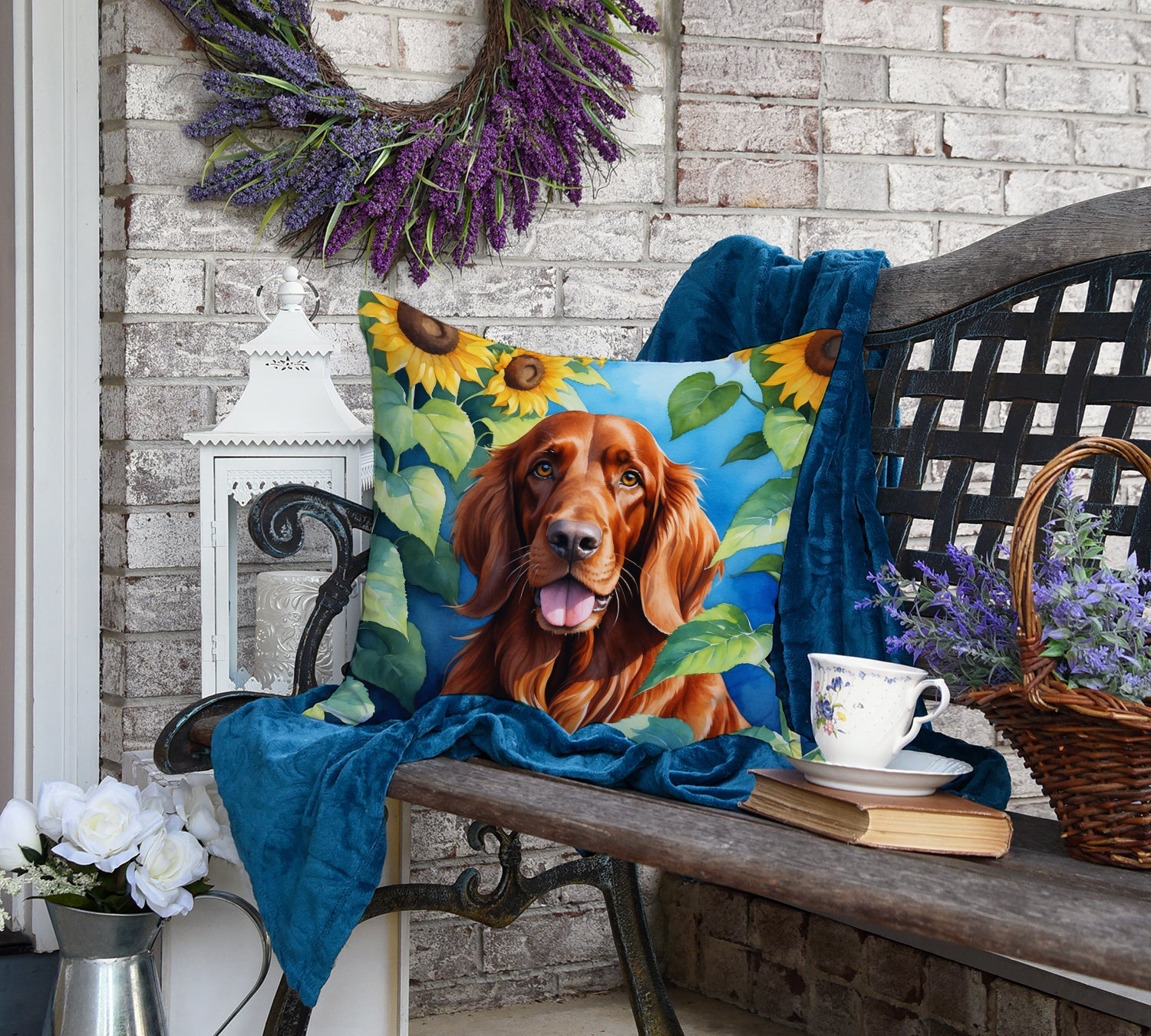 Irish Setter in Sunflowers Decorative Throw Pillow 18x18 Indoor Outdoor Accent Cushion, Fabric Cover with Insert for Sofa, Bed, Porch & Living Room