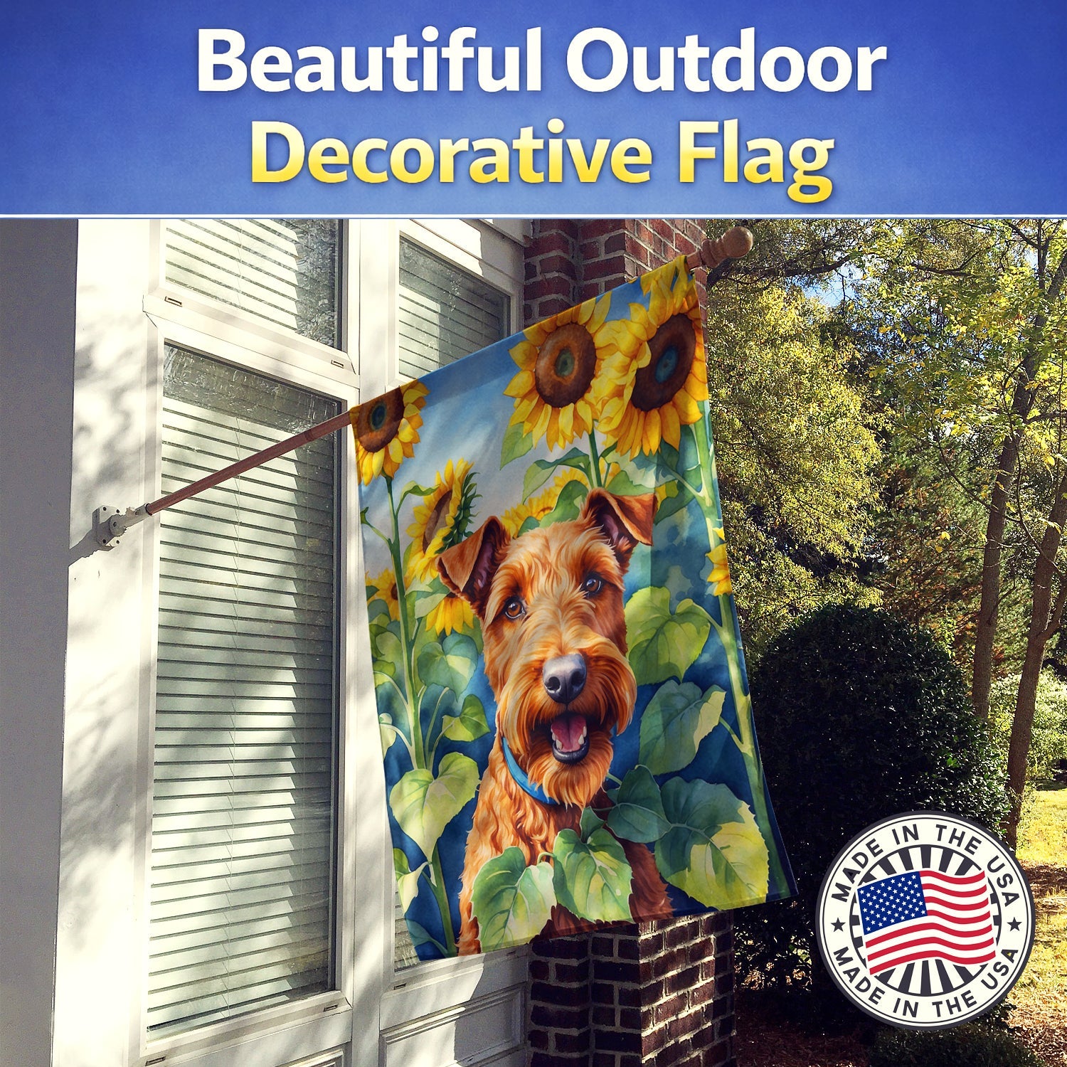 Irish Terrier in Sunflowers House Flag 28x40 Porch Sleeve Pole Decorative Outside Yard Banner Artwork Wall Hanging, Polyester