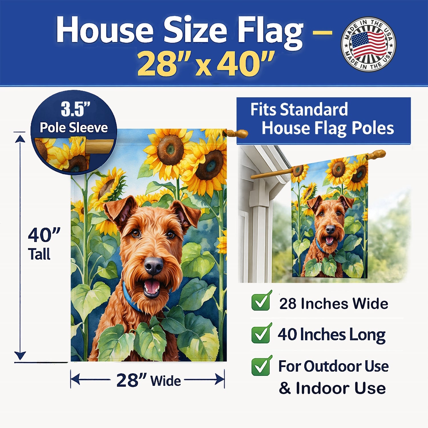 Irish Terrier in Sunflowers House Flag 28x40 Porch Sleeve Pole Decorative Outside Yard Banner Artwork Wall Hanging, Polyester