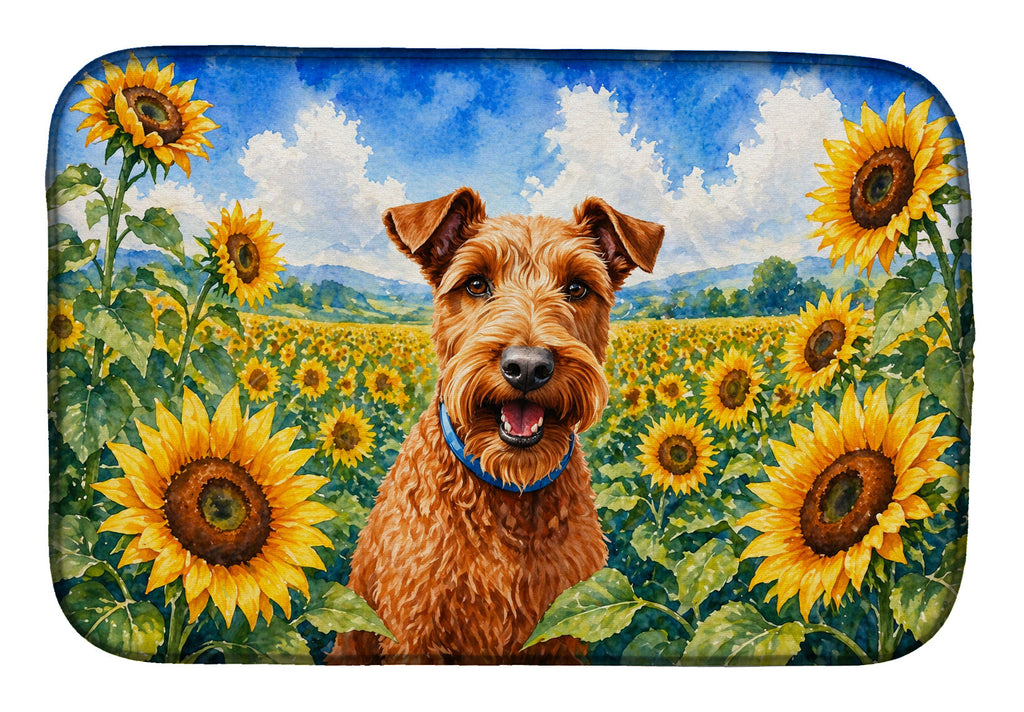 Irish Terrier in Sunflowers Dish Drying Mat Absorbent Dish Drying Mat Pad for Kitchen Counter Dish Drainer Mat for Countertop, 14 x 21", Multicolor