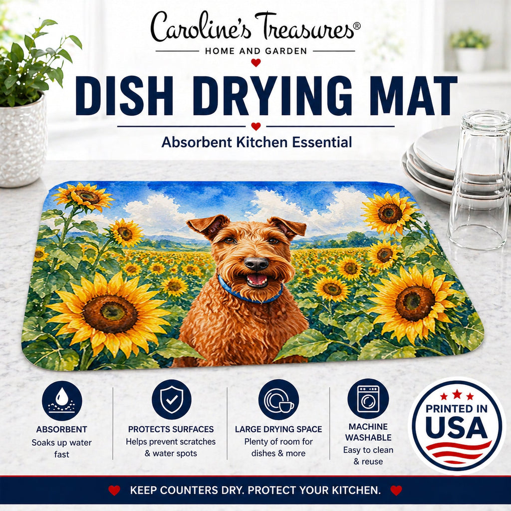 Irish Terrier in Sunflowers Dish Drying Mat Absorbent Dish Drying Mat Pad for Kitchen Counter Dish Drainer Mat for Countertop, 14 x 21", Multicolor