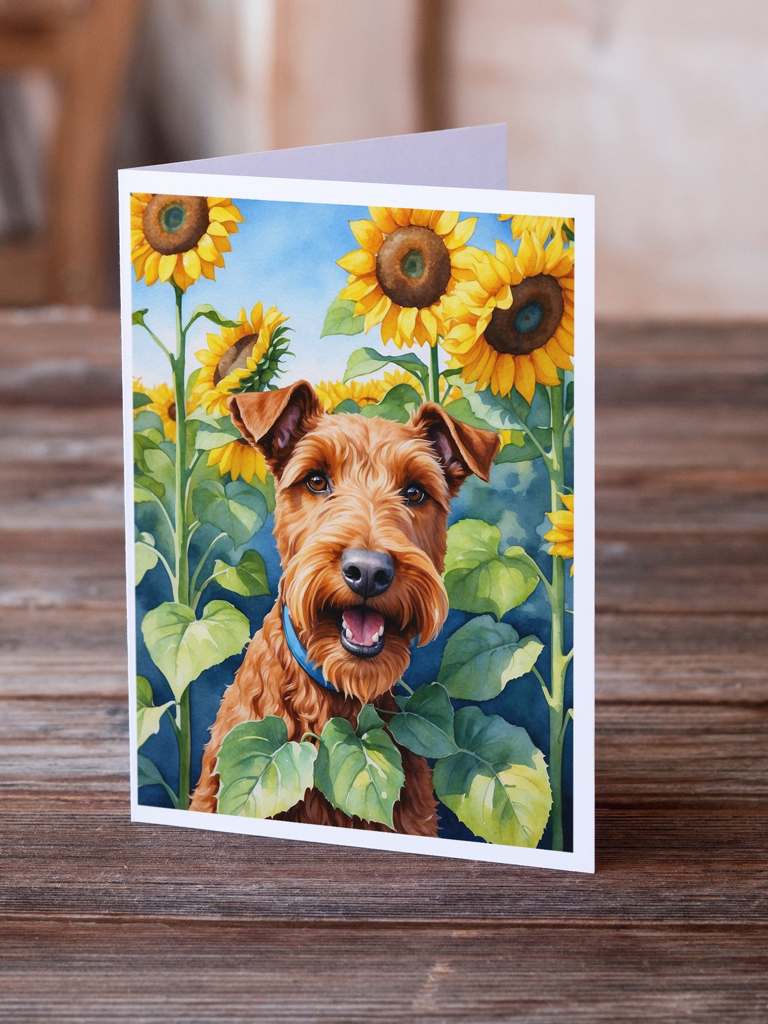 Irish Terrier in Sunflowers Greeting Cards Pack of 8 Blank Cards with Envelopes Whimsical A7 Size 5x7
