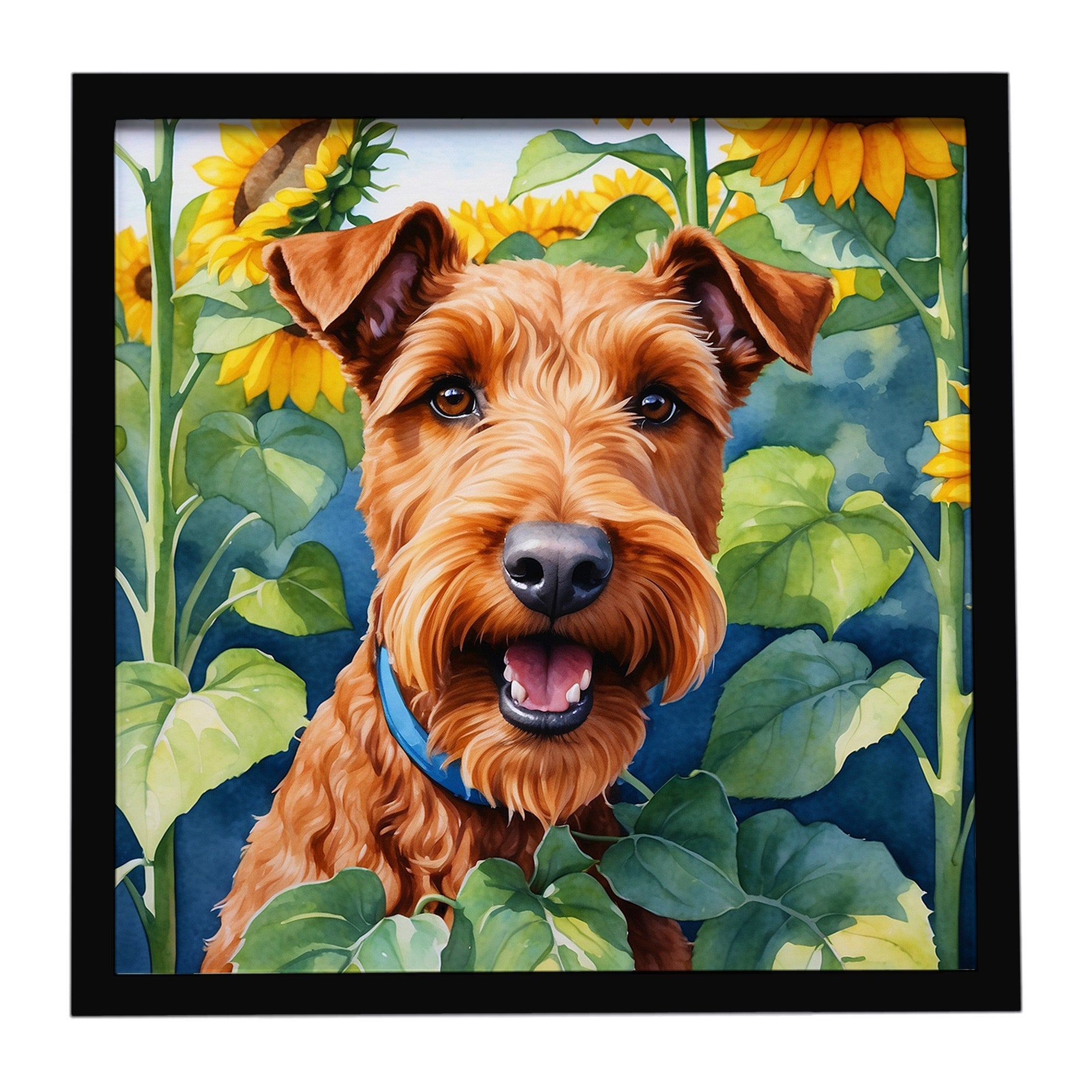 Irish Terrier in Sunflowers Framed Metal Print Bathroom, Kitchen, Office, Home Decor Wall Art Ready to Hang, Square, 8X8