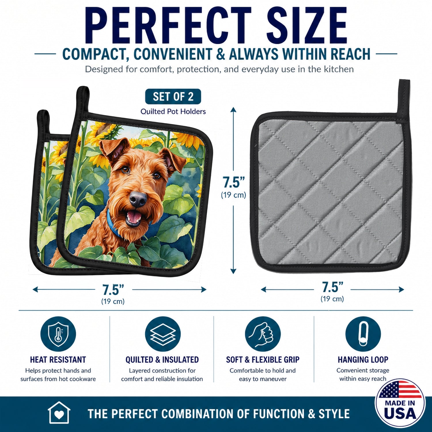 Irish Terrier in Sunflowers Pot Holder Set of 2 Heat Resistant Quilted Hot Pads 7.5 x 7.5 Inch, Insulated Kitchen Trivets for Cooking & Baking