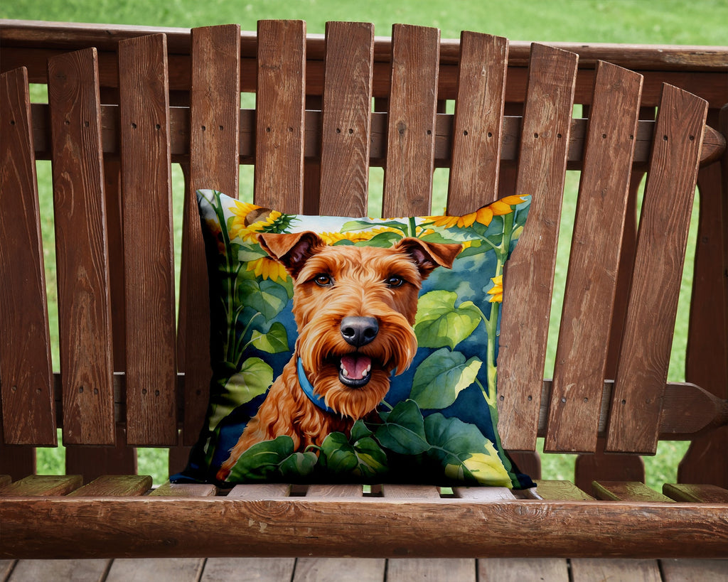 Irish Terrier in Sunflowers Decorative Throw Pillow 14x14 Indoor Outdoor Accent Cushion, Fabric Cover with Insert for Sofa, Bed, Porch & Living Room
