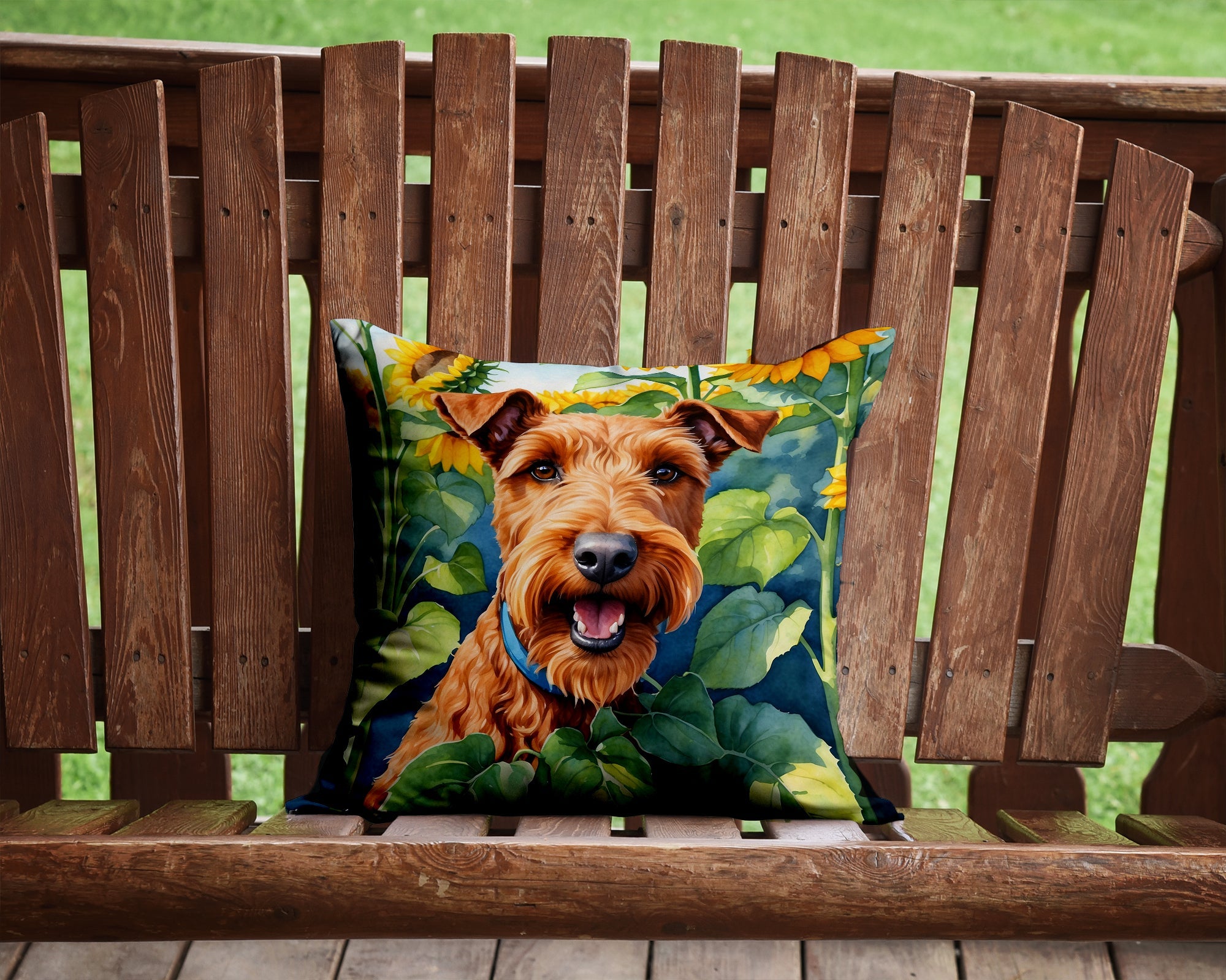Irish Terrier in Sunflowers Decorative Throw Pillow 14x14 Indoor Outdoor Accent Cushion, Fabric Cover with Insert for Sofa, Bed, Porch & Living Room